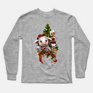 Cute christmas cow with little elf and christmas tree Long Sleeve T-Shirt